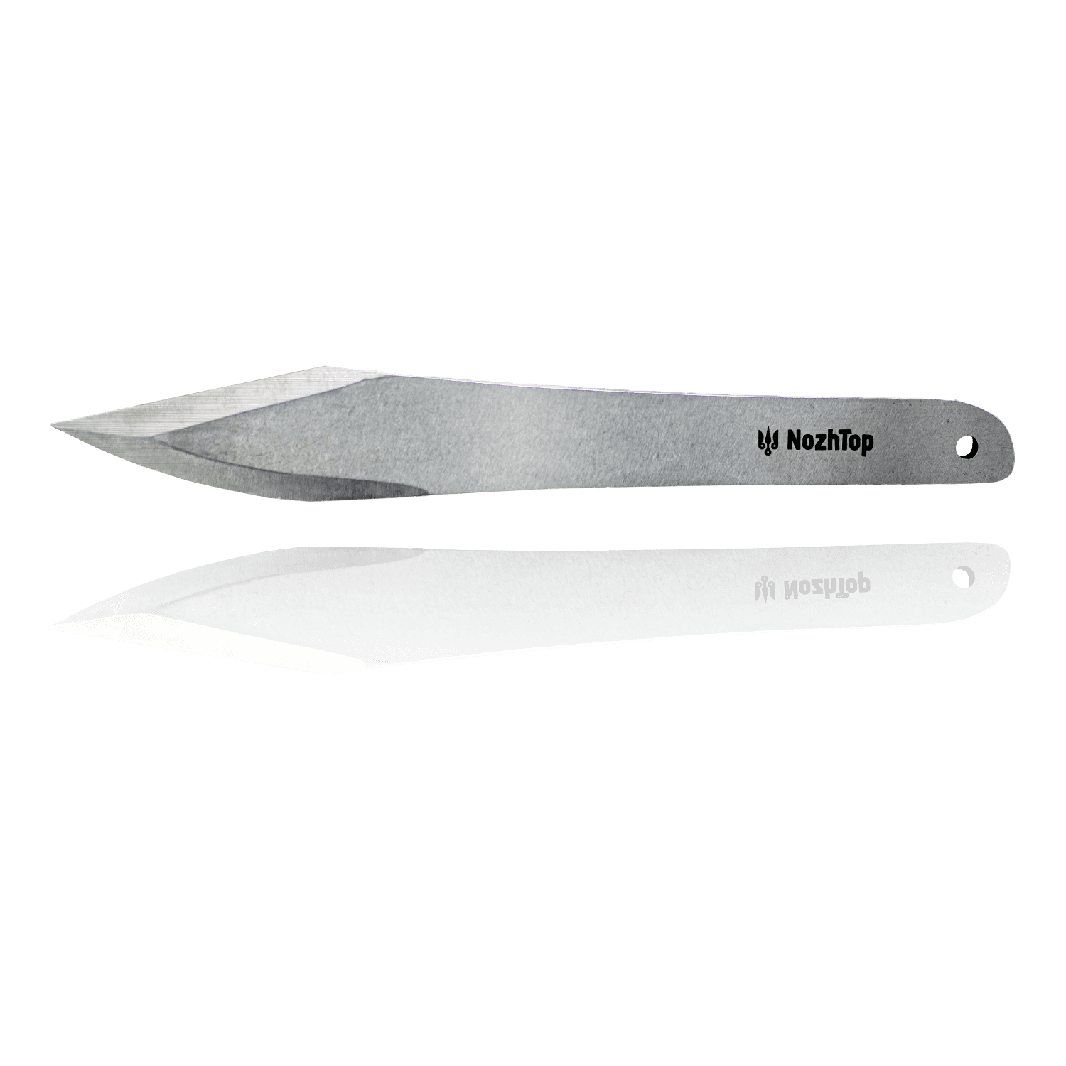 Cuchillo arrojadizo Falcon de NozhTop: 250 mm (9,8 pulgadas), 260 g, 6 mm, acero elástico sueco, acabado pulido.