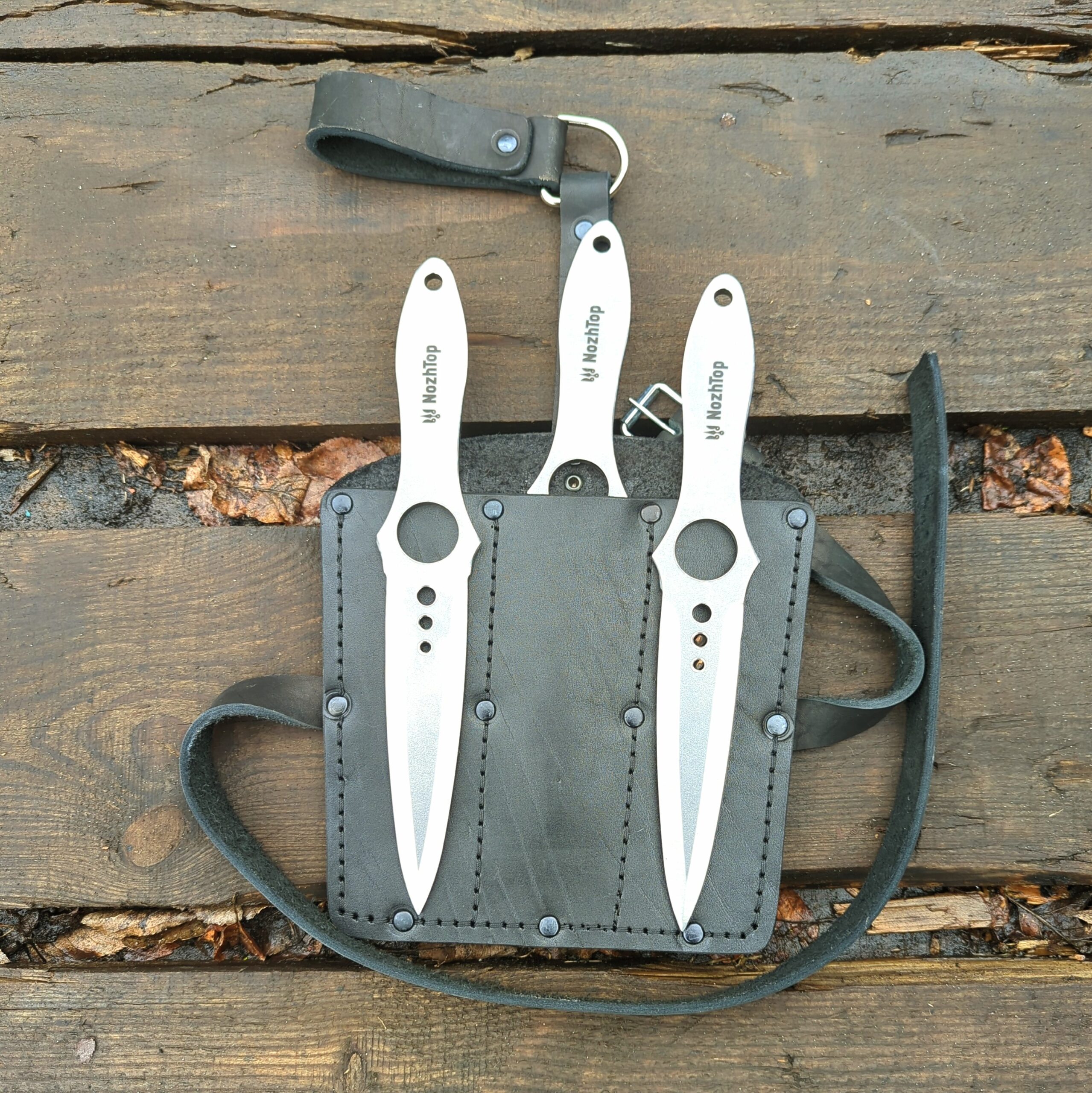 Set of 3 Kunai Skeleton Throwing Knives with Leather Sheath – 250mm, 240g, Polished Steel by NozhTop - Image 2