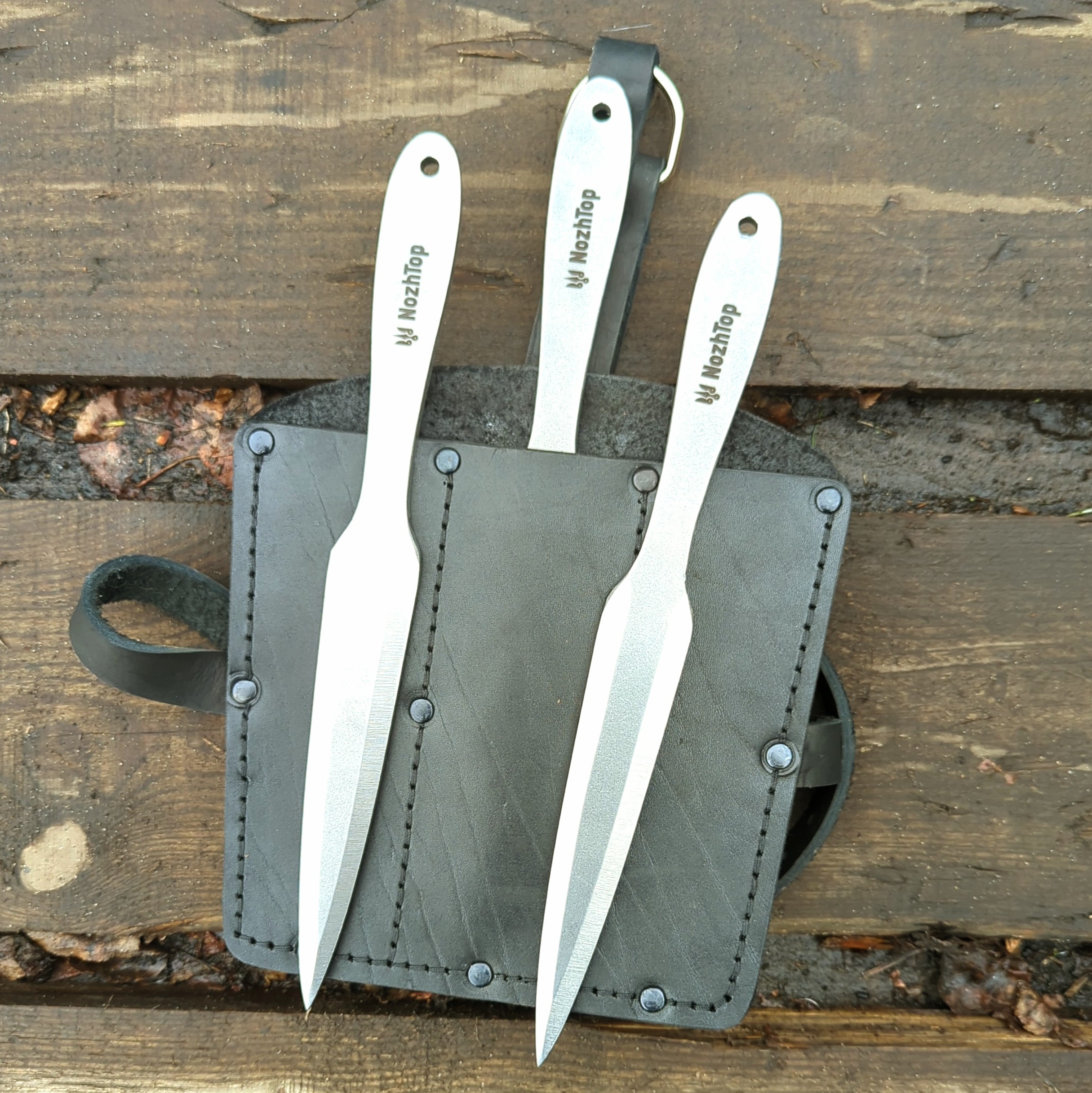 Black Leather Sheath for Throwing Knife Set – Handmade, Thick Leather, 200mm, by NozhTop – Bild 5