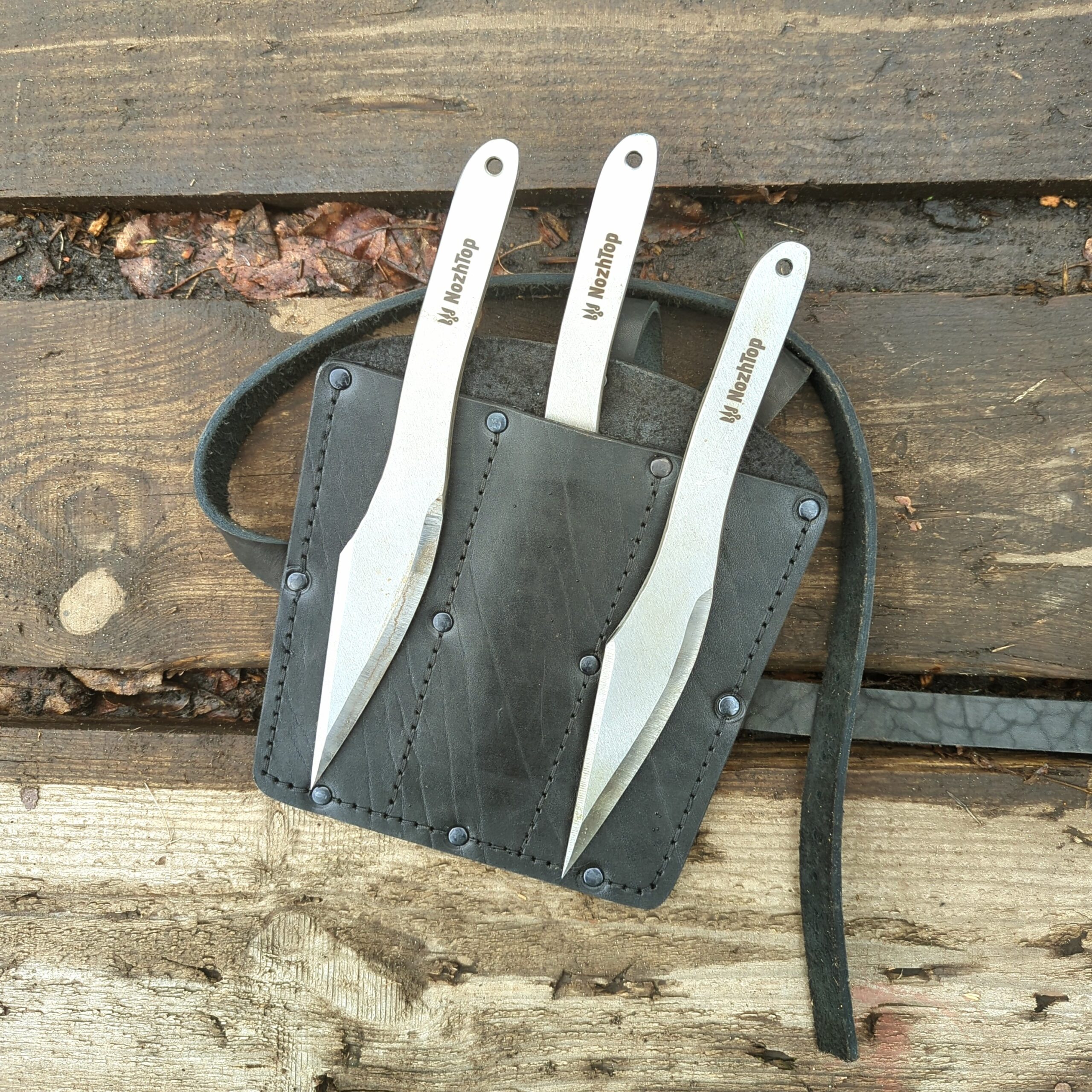 Black Leather Sheath for Throwing Knife Set – Handmade, Thick Leather, 200mm, by NozhTop – Bild 3
