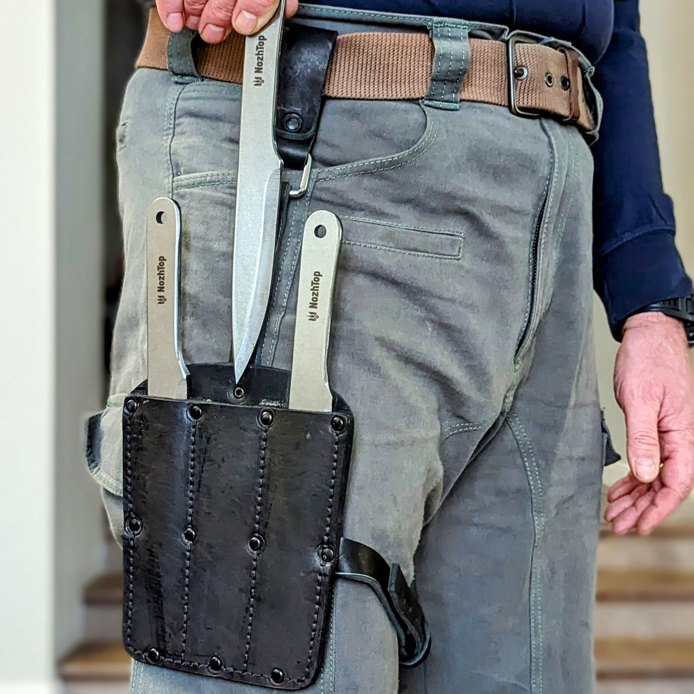 Black Leather Sheath for Throwing Knife Set – Handmade, Thick Leather, 200mm, by NozhTop – Bild 2